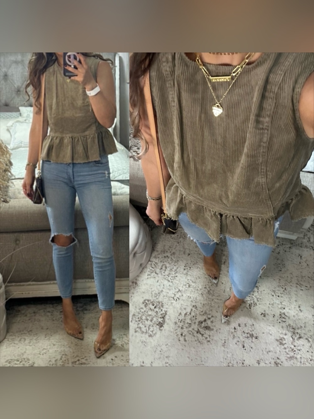 New🤎Olive Corduroy Top with Raw Hem